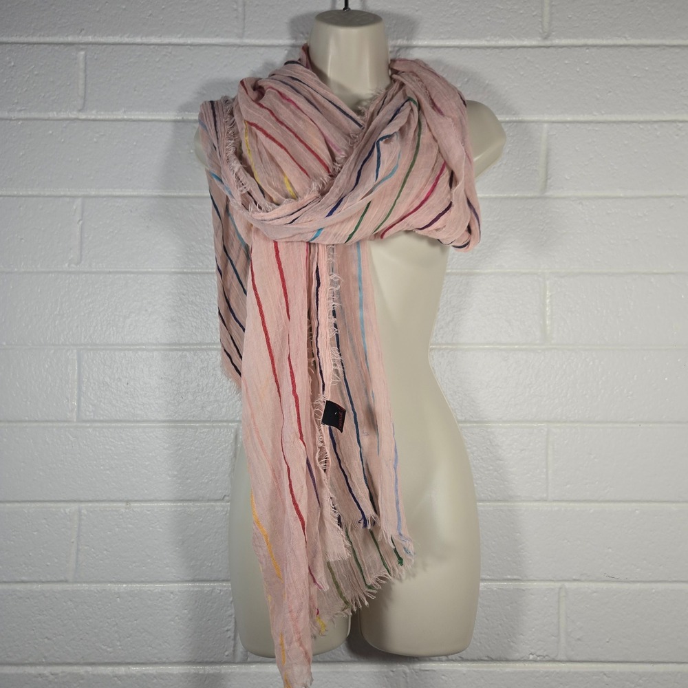 Chinar Scarf Pastel Pink Rainbow Stripe‎ Cotton Gauze Fringed Lightweight Wrap